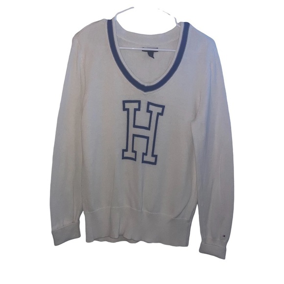 Vintage tommy hilfiger “H” white/Blue varsity v-Neck sweater - Picture 1 of 4
